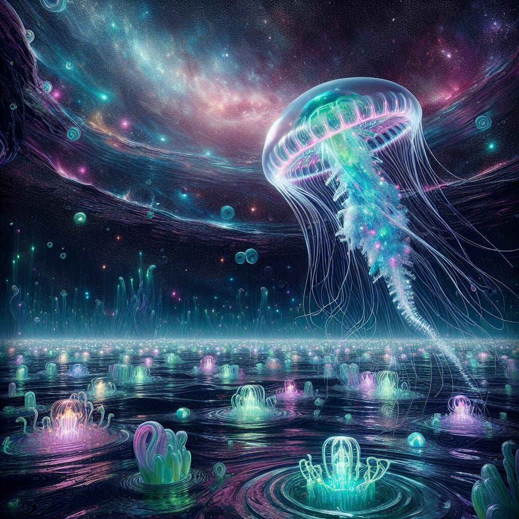 Visualize a mesmerizing jellyfish floating gracefully in a c...