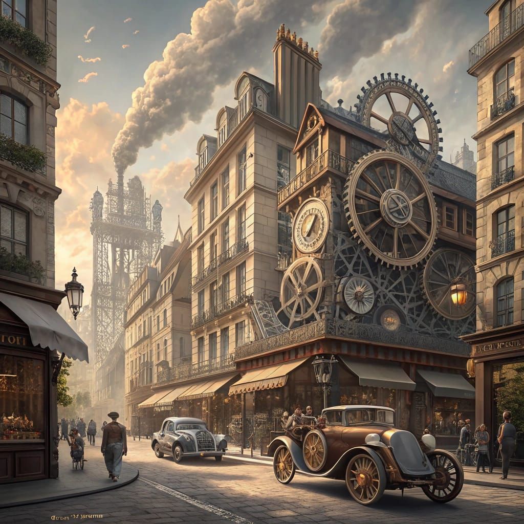 1920s Parisian Street with Giant Gears and Steam