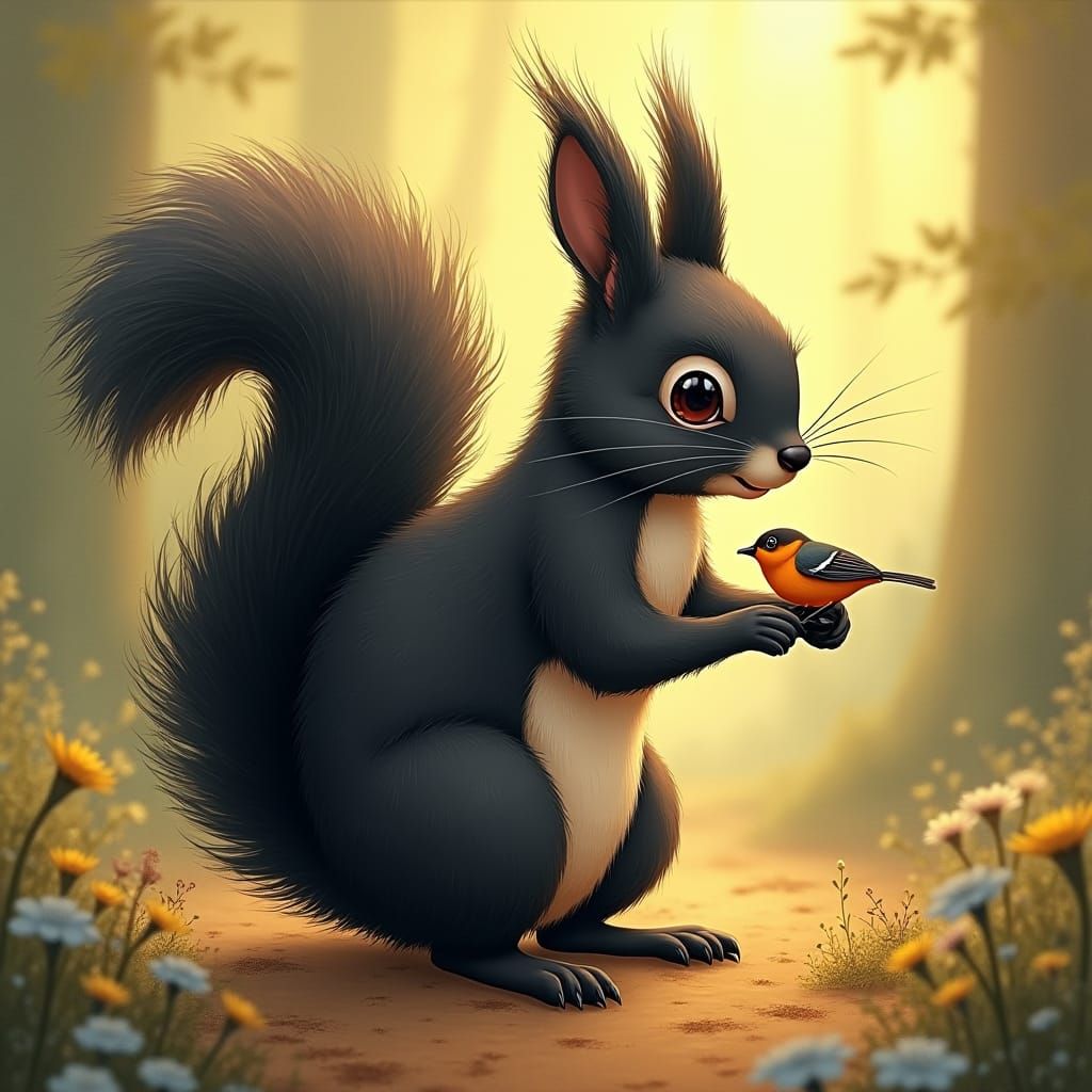 Squirrel and Bird in Whimsical Forest Illustration