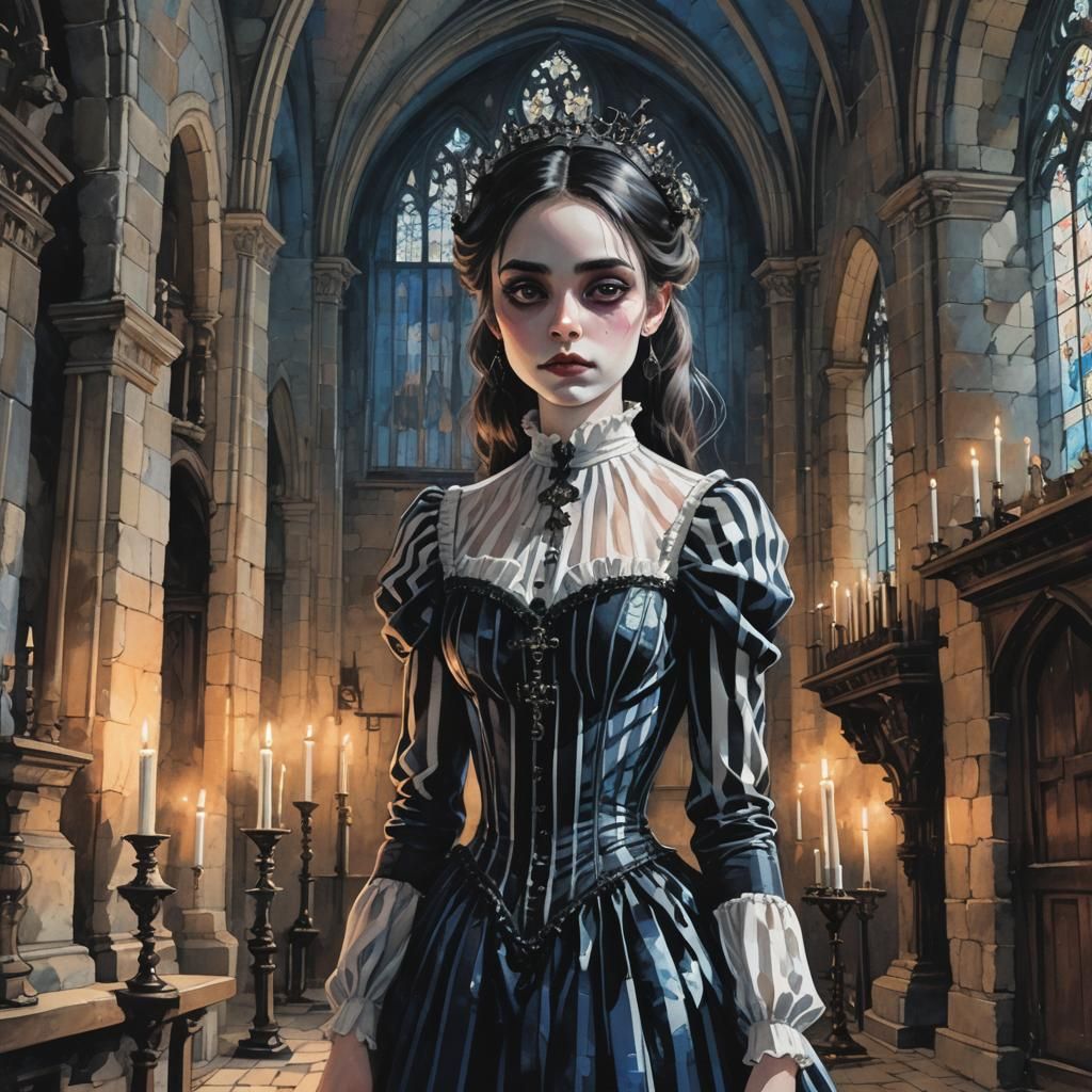 Eerie Gothic Girl in Church Hall, Expressive Illustration