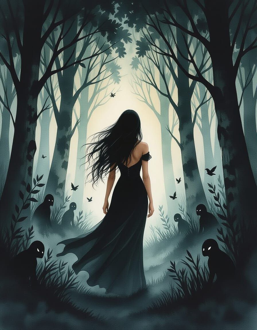 Dark Fantasy Woman Walks Through Shadowed Forest