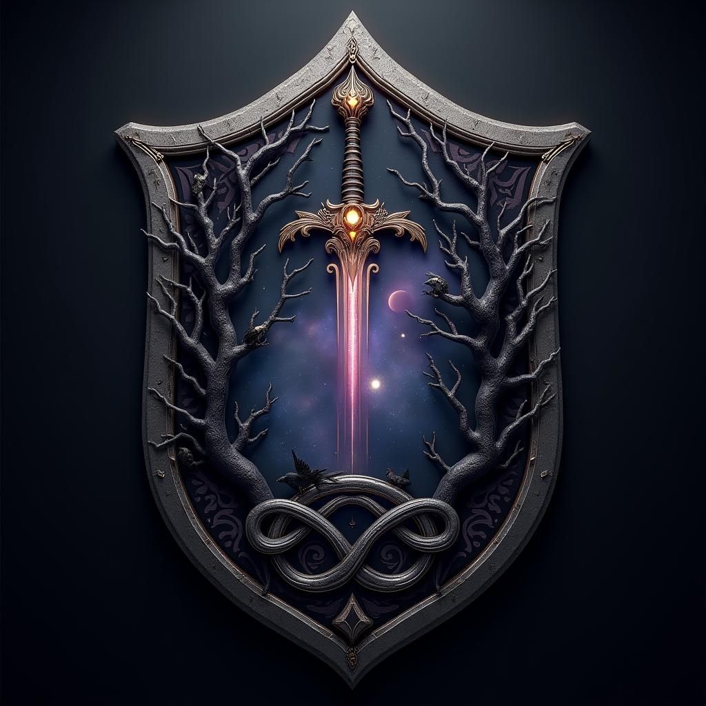 Regal Shield Emblem in Gothic Style with Celestial Elements