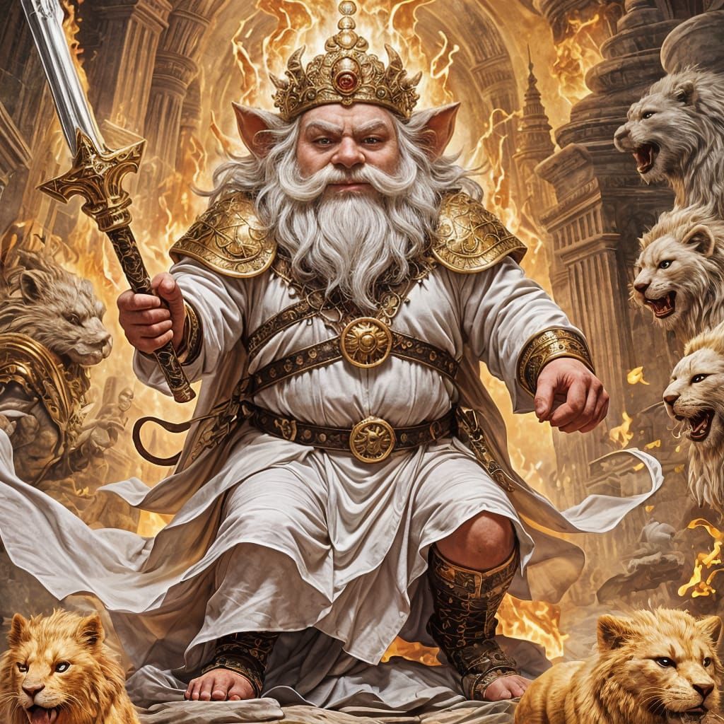Gnome King Rides Golden Lion with Flaming Sword
