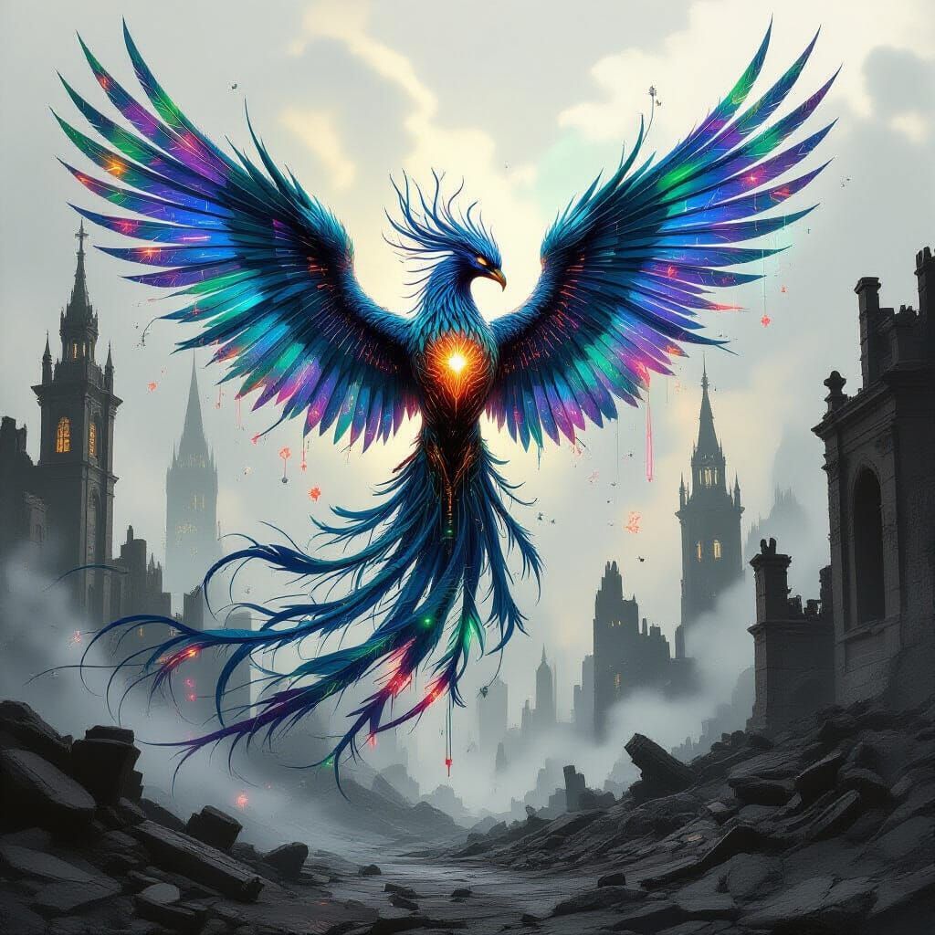 Biomechanical Phoenix Rising from Gothic Ruins in Charcoal