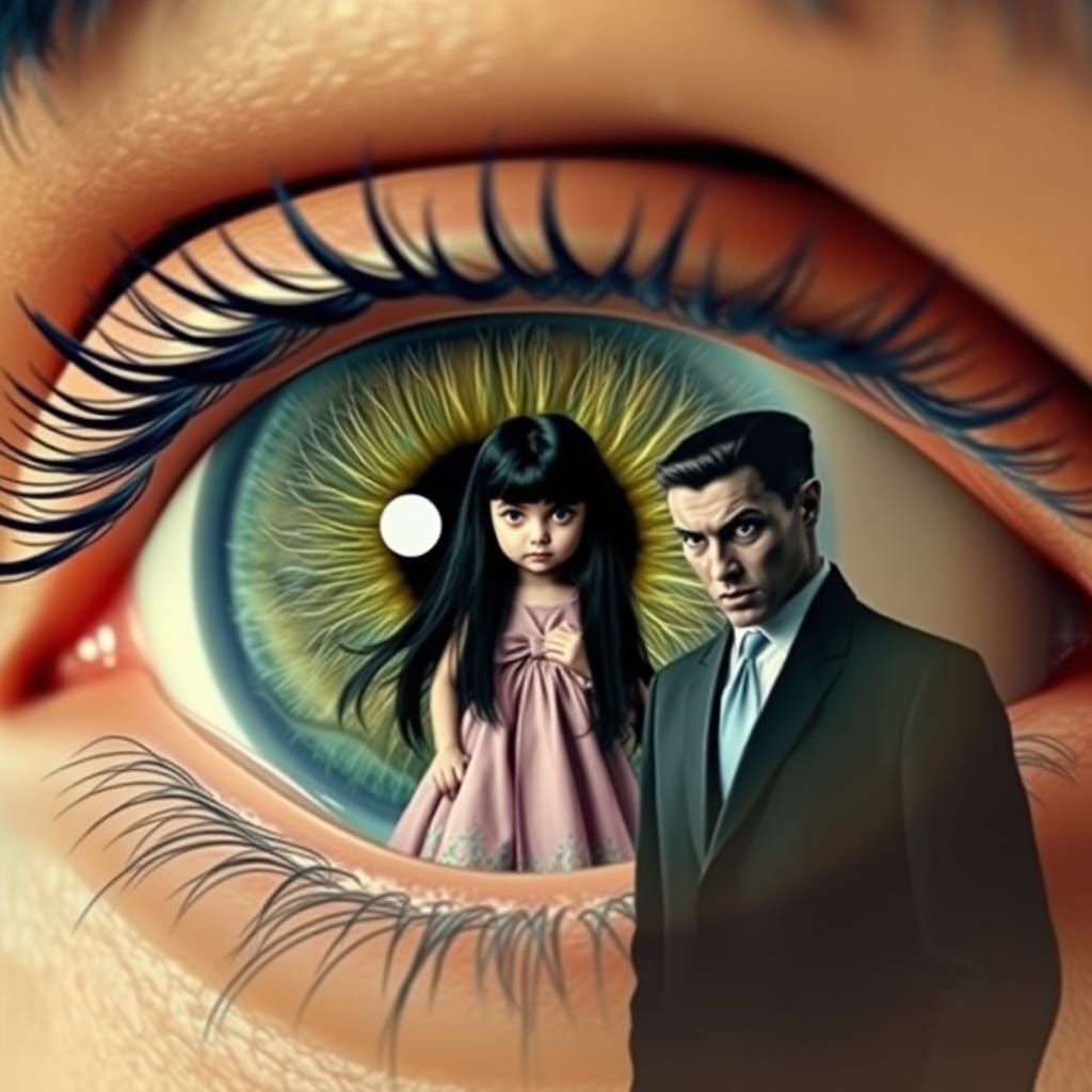Surreal Eye Reflecting Terror in Double Exposure Style