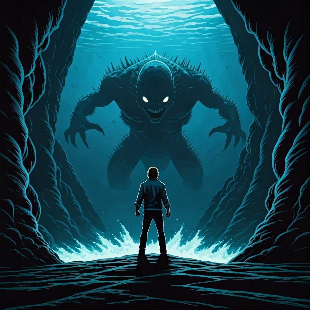Heroic Figure Confronts Gargantuan Underwater Monster in a D...