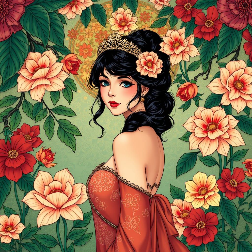 Elegant Woman in Floral Art Nouveau Anime Style