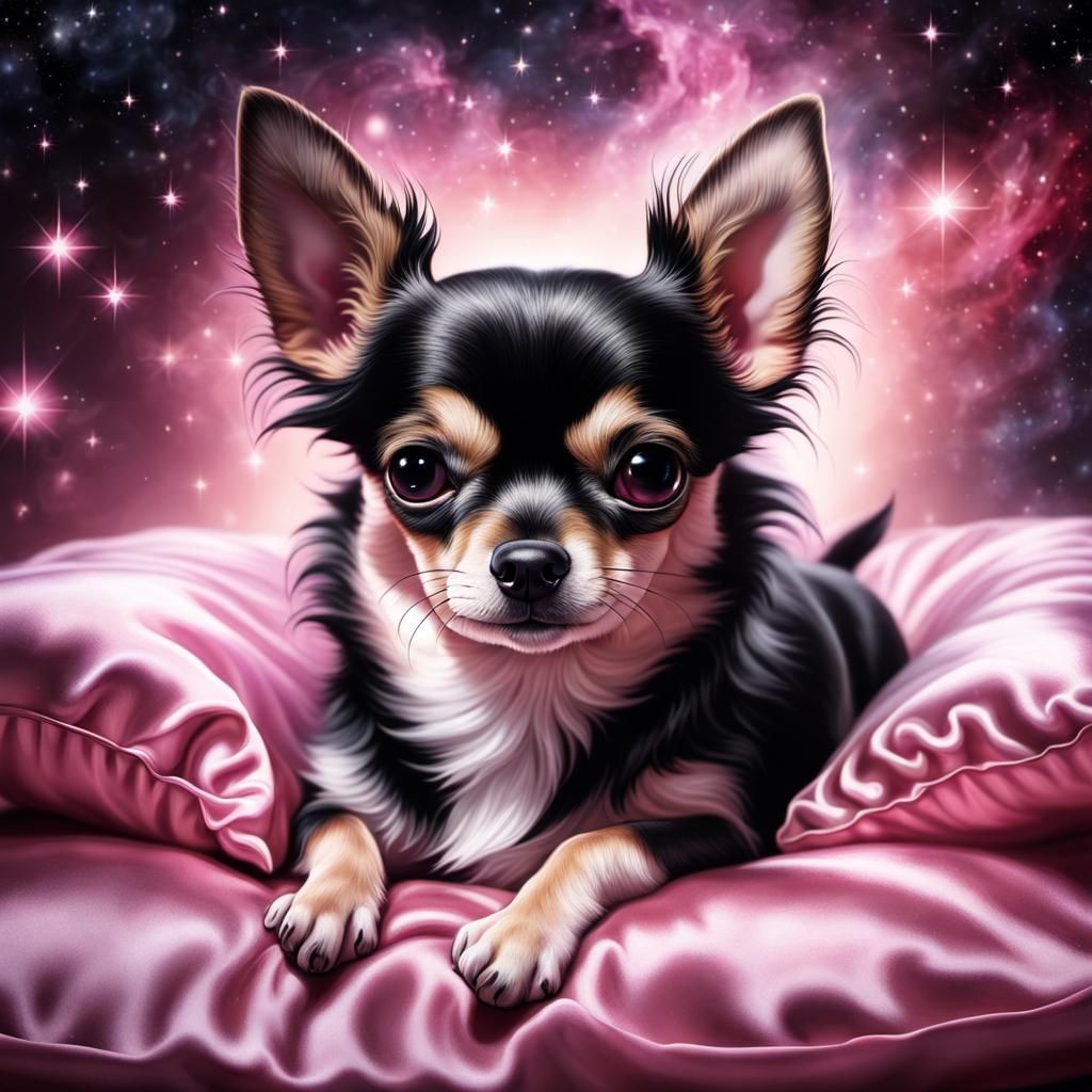 Surreal Chihuahua on Satin Pillow in Galactic Dreamscape