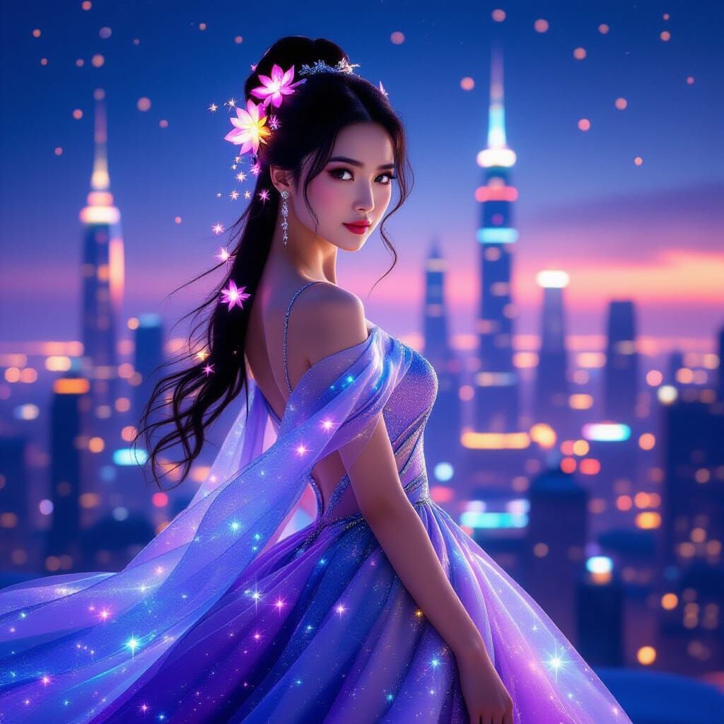 Celestial Woman in Stardust Gown, Futuristic Cityscape