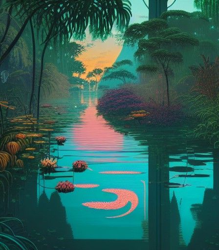 Jungle River Sunset: Digital Illustration