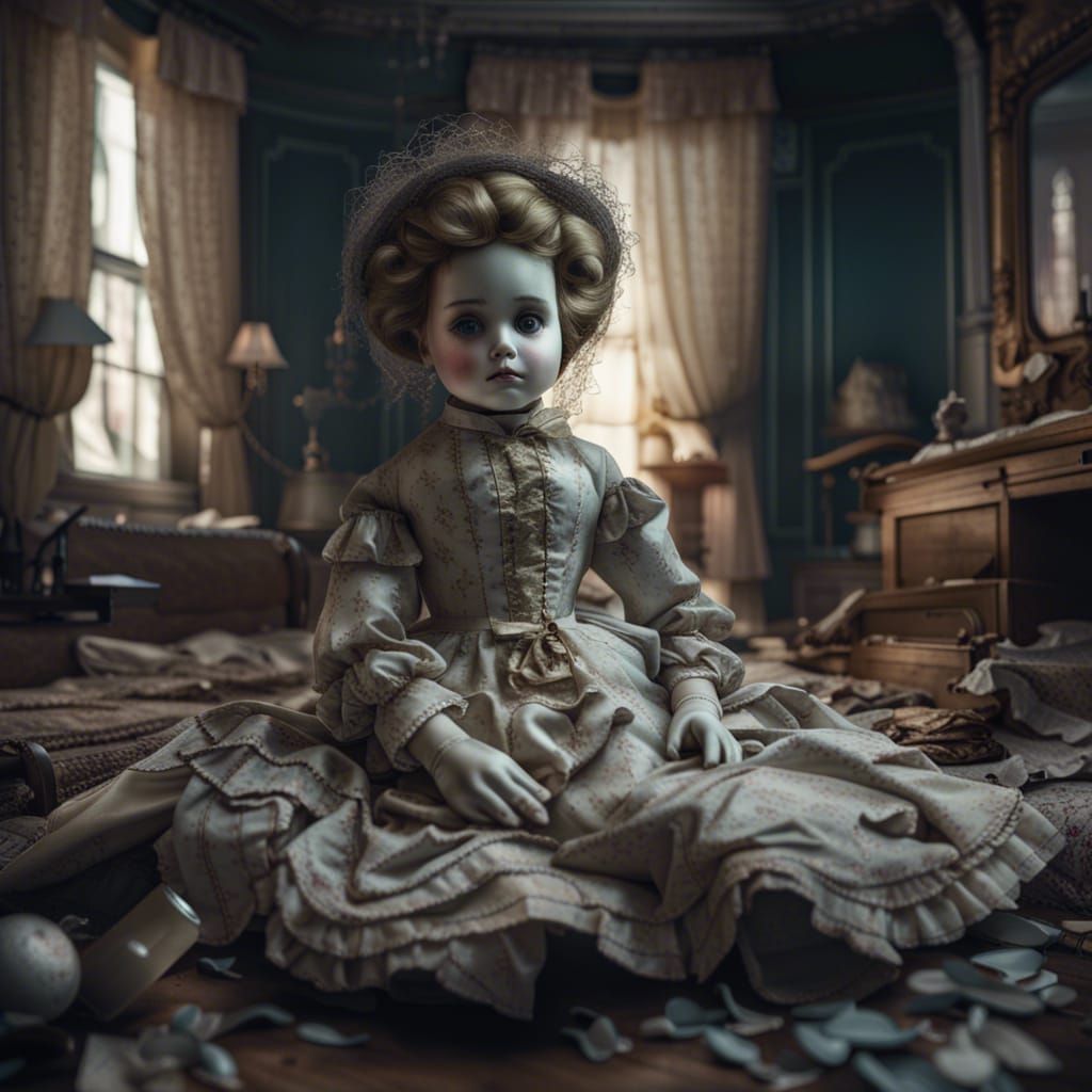 Decaying Victorian Room with Cracked Porcelain Doll