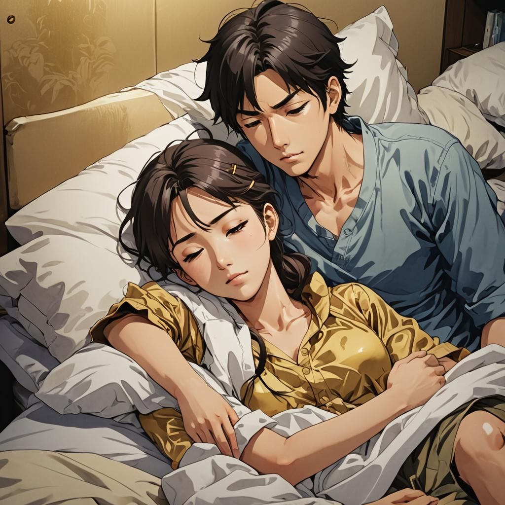 Manga Style: Young Couple Sleeping in Cozy Bedroom