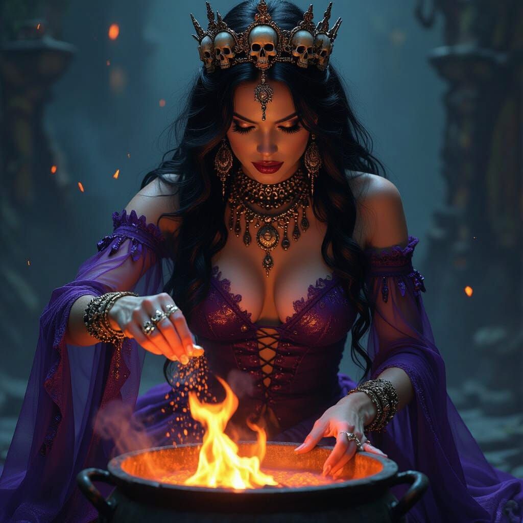 Voodoo Warrior Brews Potion in Fiery Cauldron