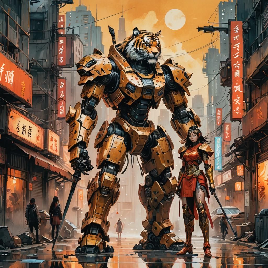 A soft and elegant ink painting, a huge tiger mecha robot is in a dystopian city, and next to it is a girl wearing tradi...