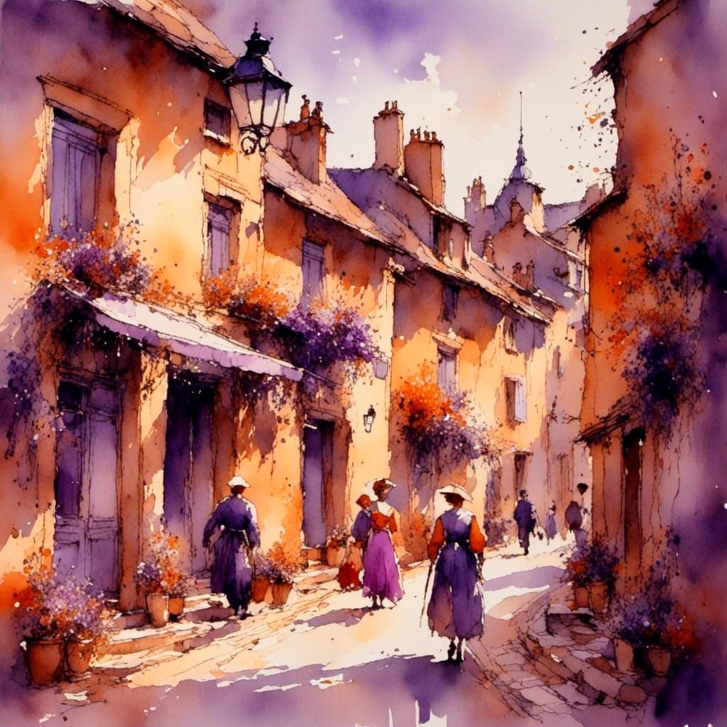 French Village Street: Impressionistic Watercolour Painting