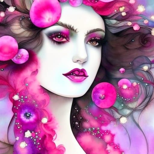 Surreal Woman with Berries in Watercolor and Ink