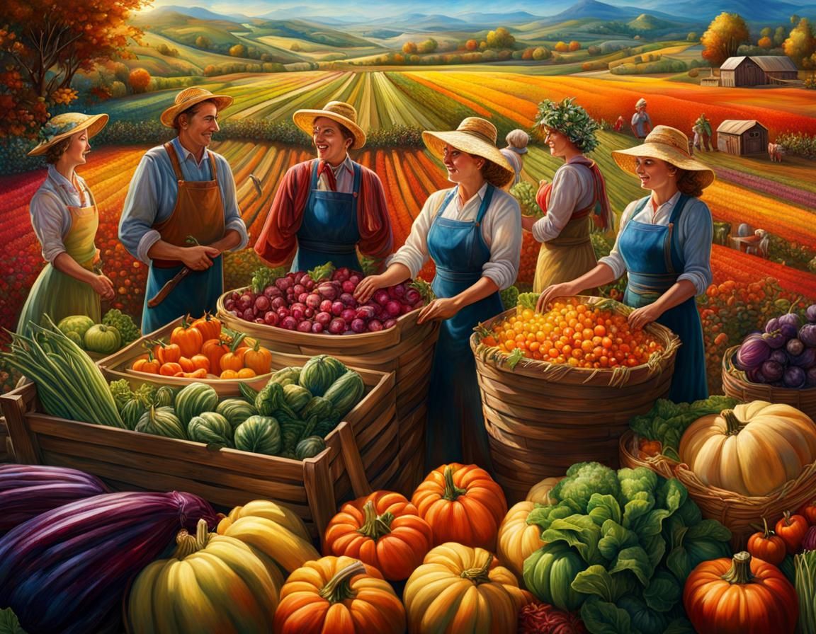 Farmers Celebrate Harvest Festival in Hyperrealistic Style