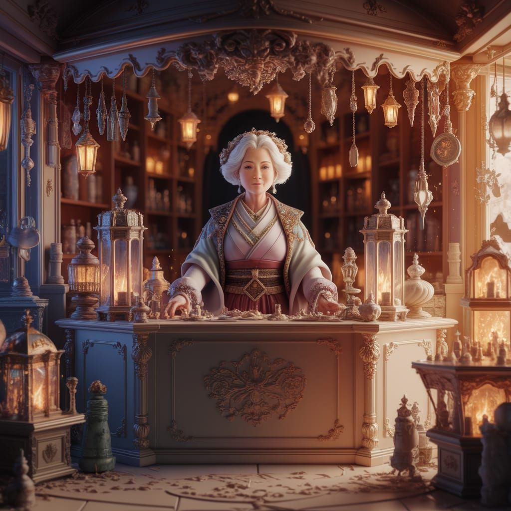 Enchanted Antique Shop with Wise Old Woman