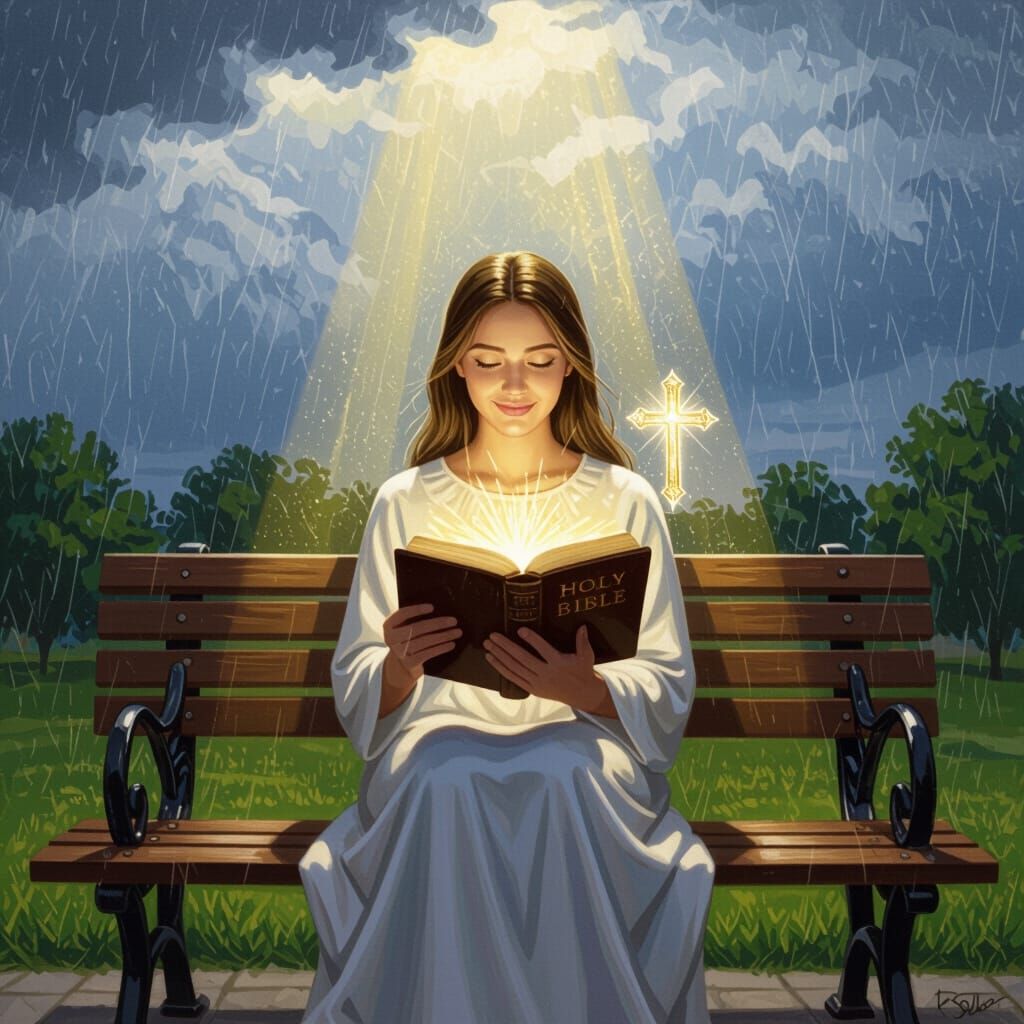 Woman Reading Bible in Storm, Divine Peace