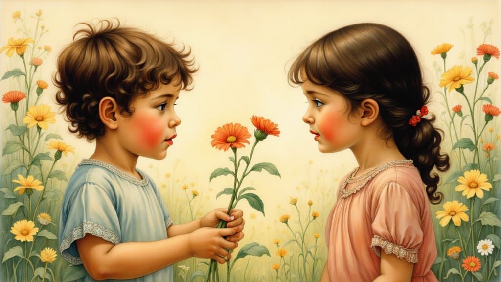 Young Boy Offers Flower to Girl in Cute Style