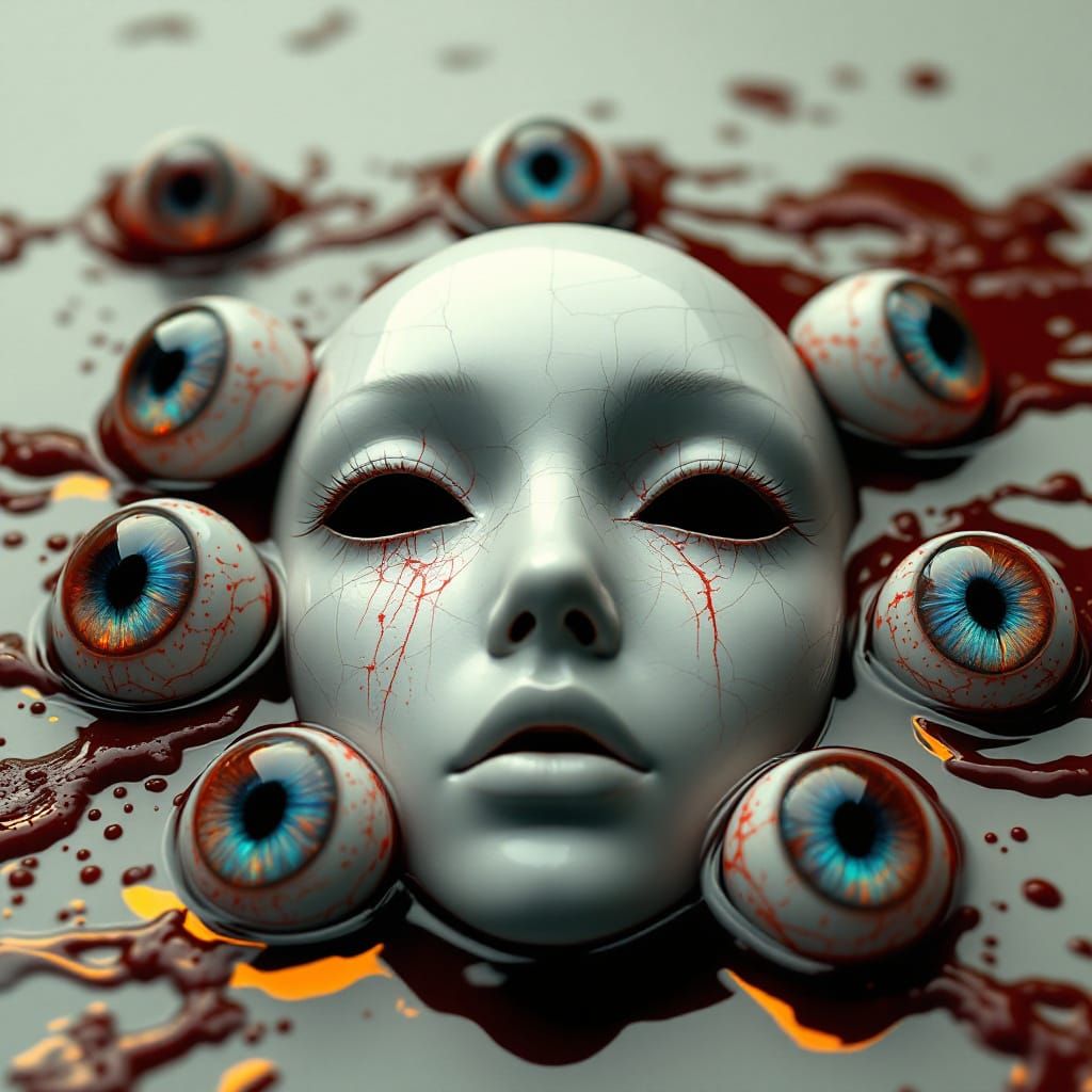 Eerie Porcelain Mask Surrounded by Crystalline Eyes