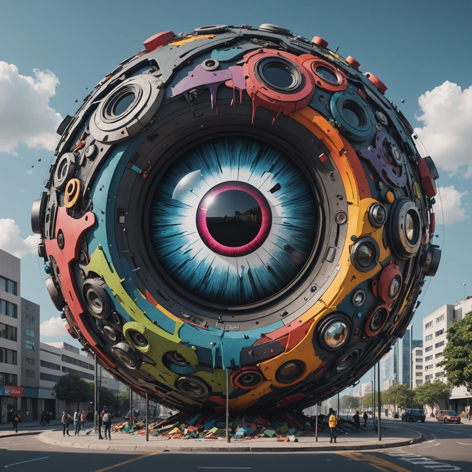 Giant TikTok Eye Observes Hypnotized Crowds