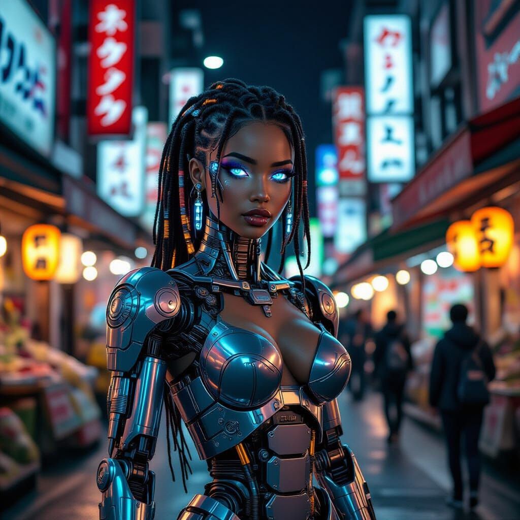 Clockwork Android Woman in Futuristic Tokyo Market