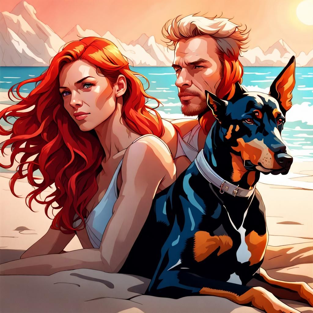 Sunbathers on Beach with Doberman, Hyperdetailed Portrait