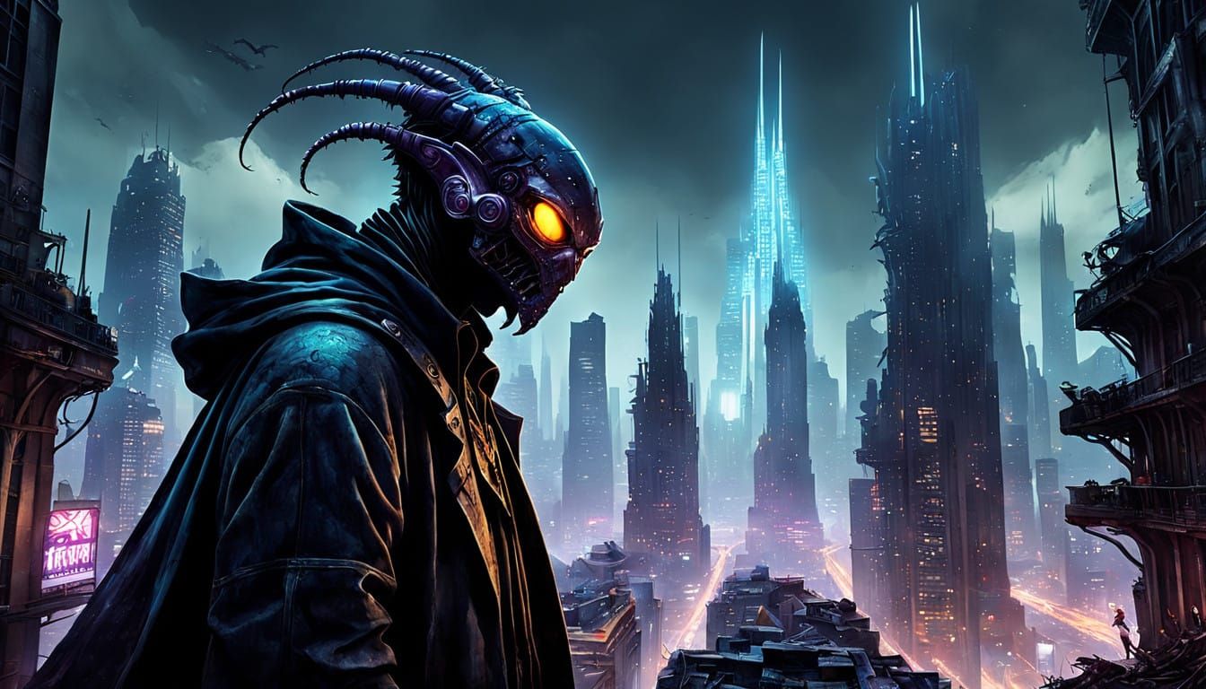 Cyberpunk Ovinis Roam Alien Cityscape with Gargantuan Centip...