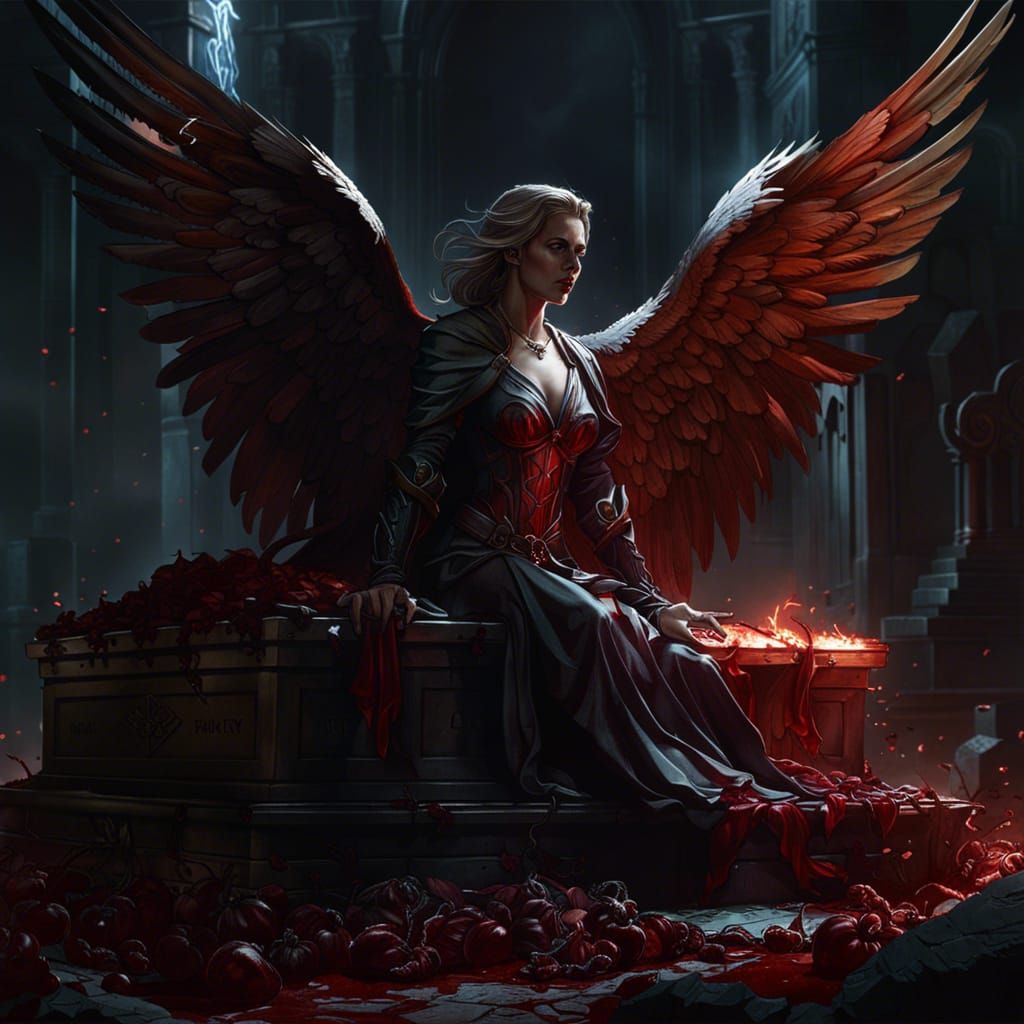 Wounded Angel Beside Grave, Dark Fantasy Art