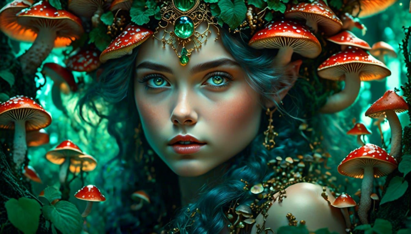 Mushroom Forest Girl: Detailed Portrait in Fantasy Art Style