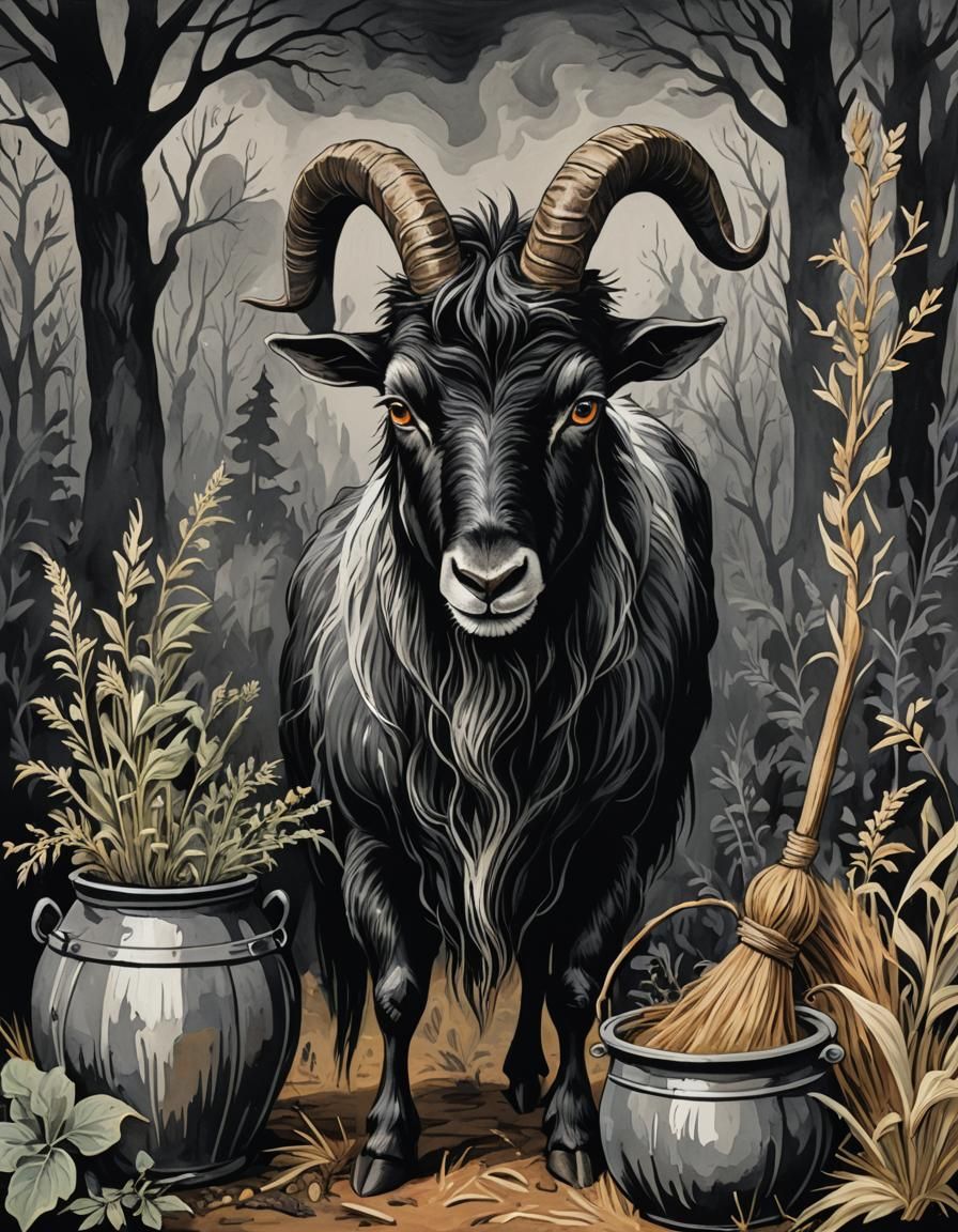 Eerie Demonic Goat Portrait in Folk Art Style