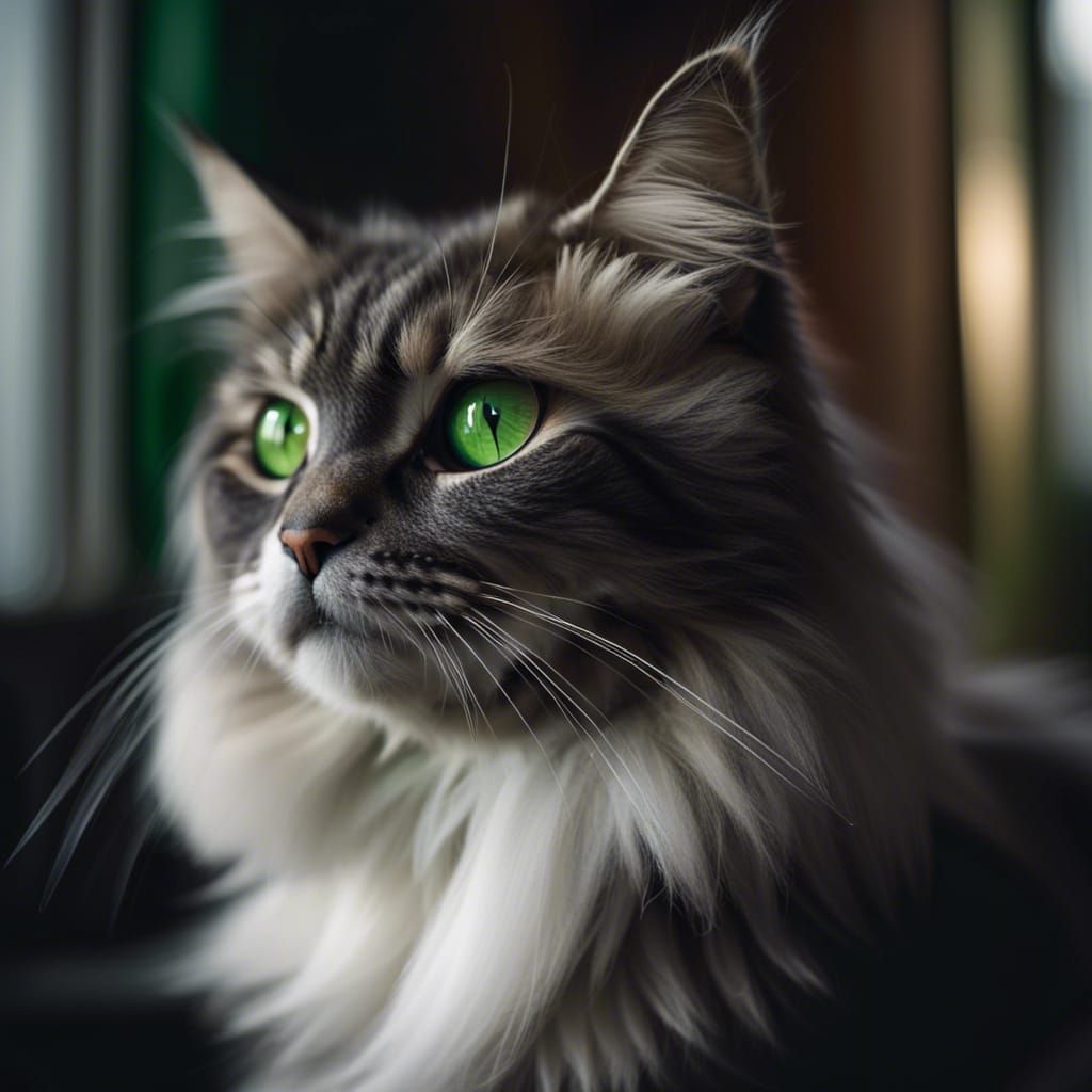Portrait of a Grey and White Cat with Green Eyes