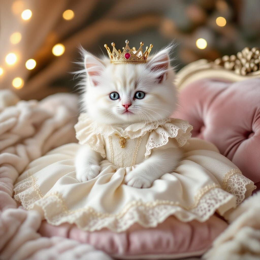 Kitten in Crown on Velvet Pillow, Whimsical Style