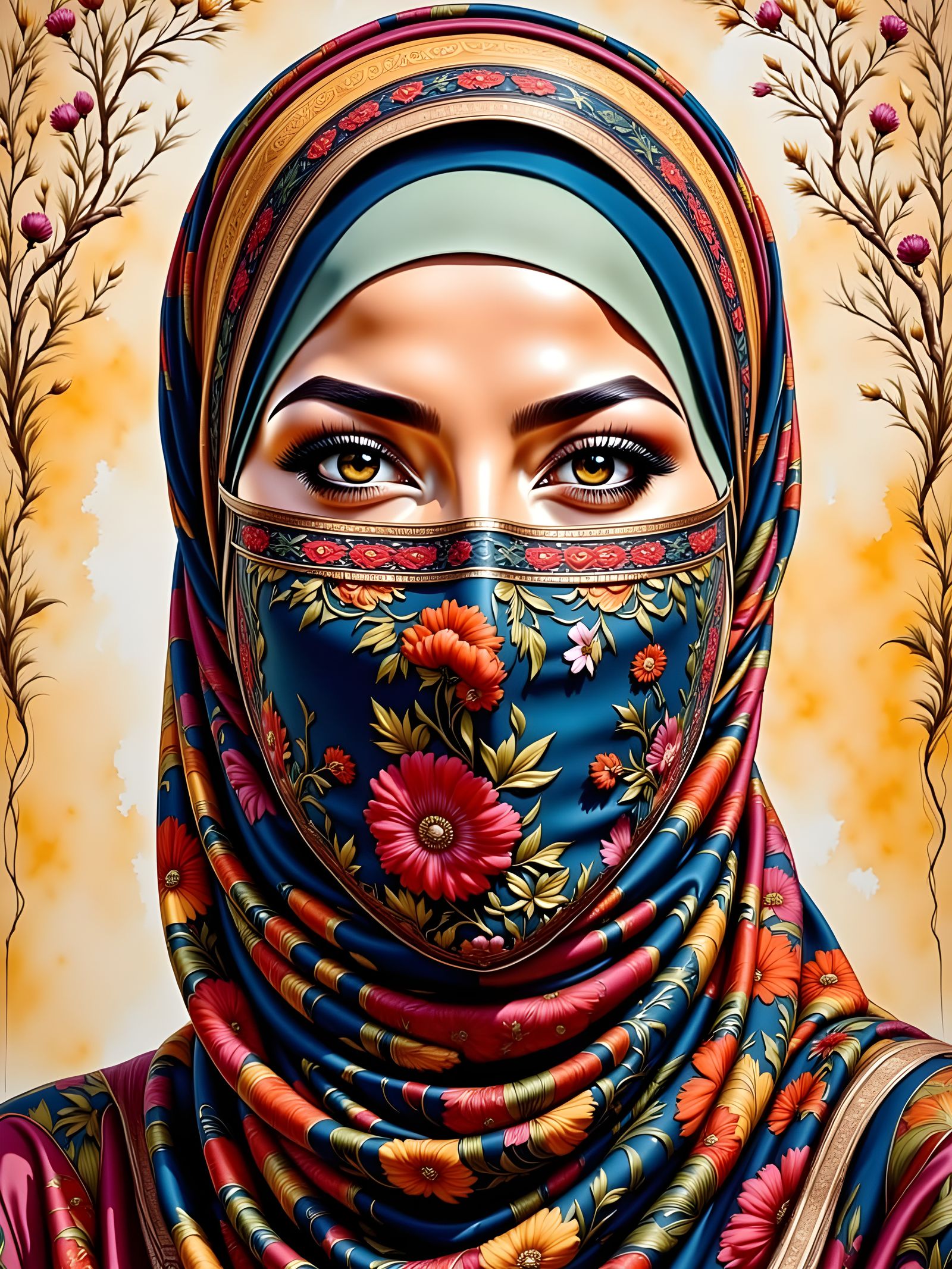 Elegant Woman in Flowing Hijab Oil-Guache Painting