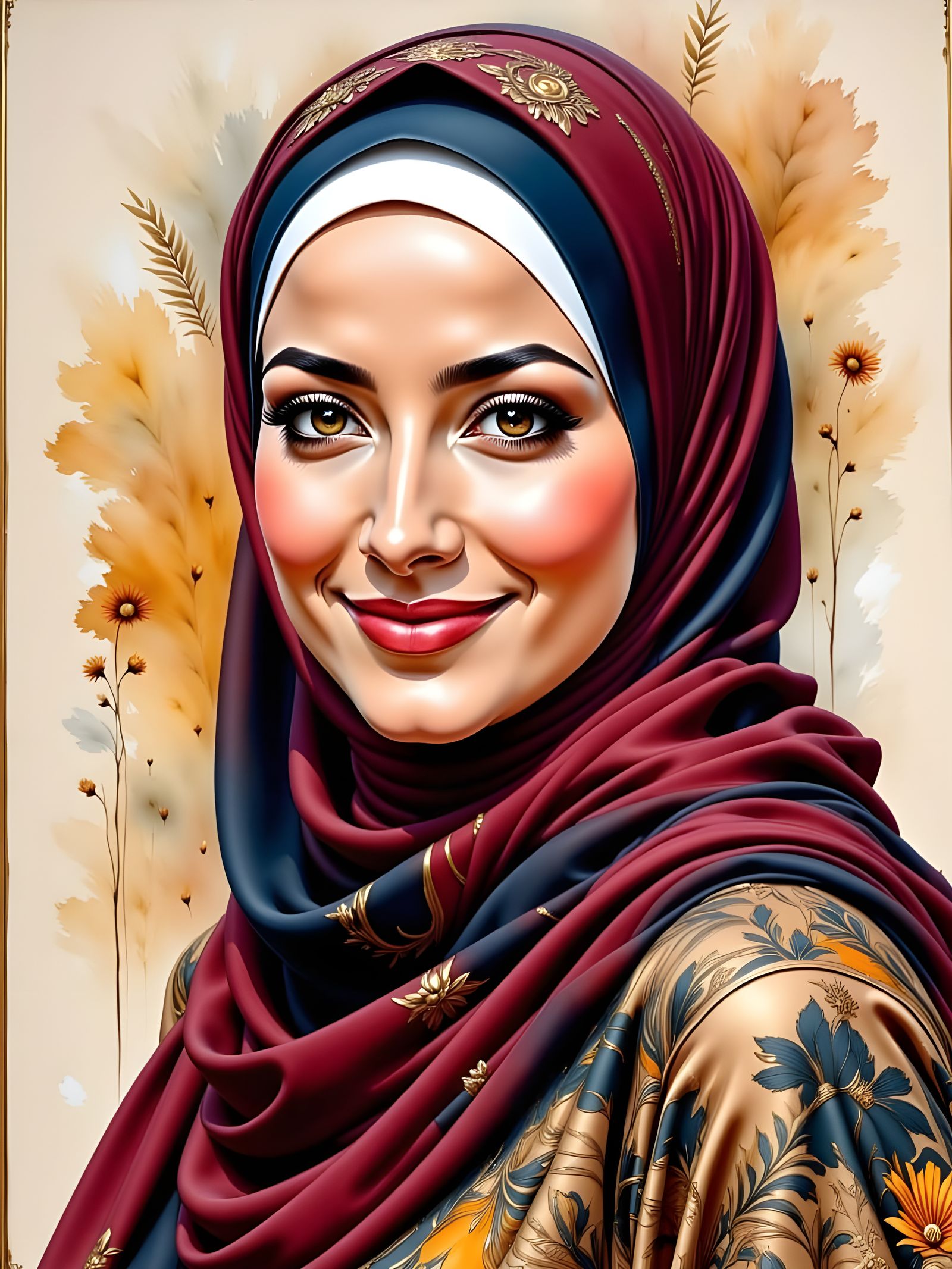 Elegant Woman in Hijab, Oil-Guache Melting Painting Style