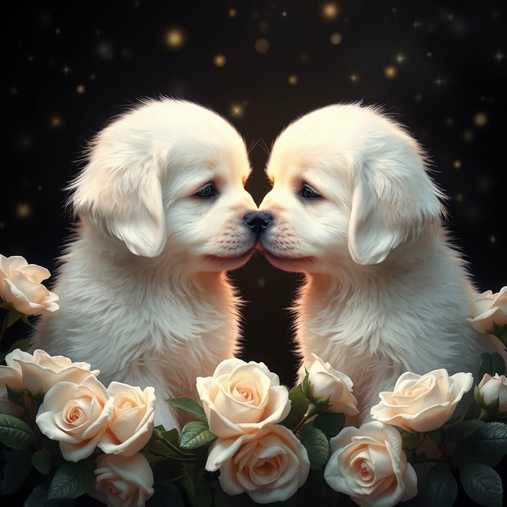 Fluffy Puppies Touch Noses in Dreamlike Scene
