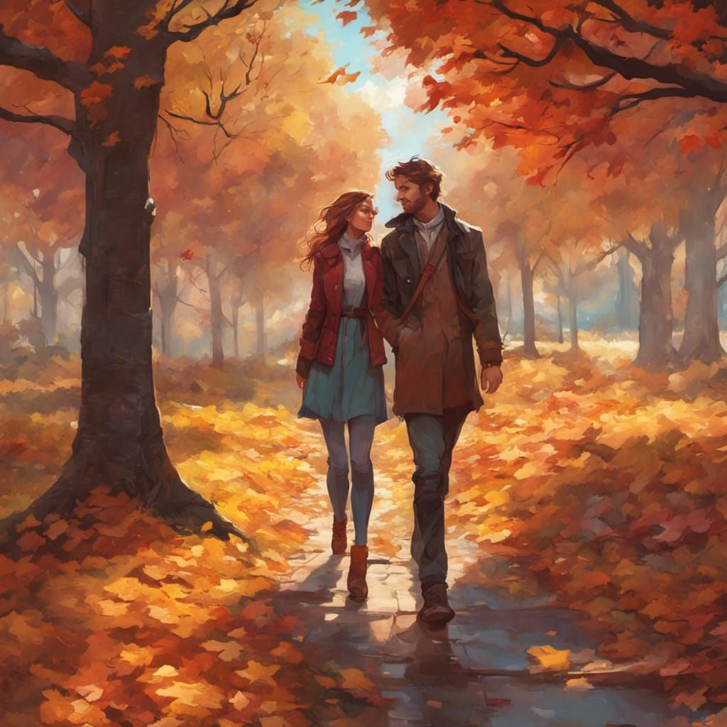 Couple Walking in Autumn Splendor: Hyperdetailed Art