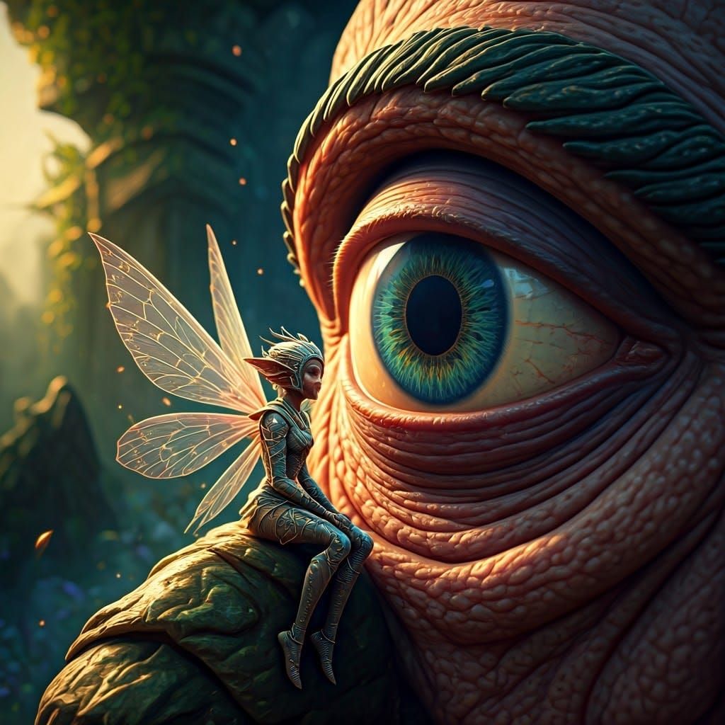 Fairy and Cyclops in Mystical Landscape