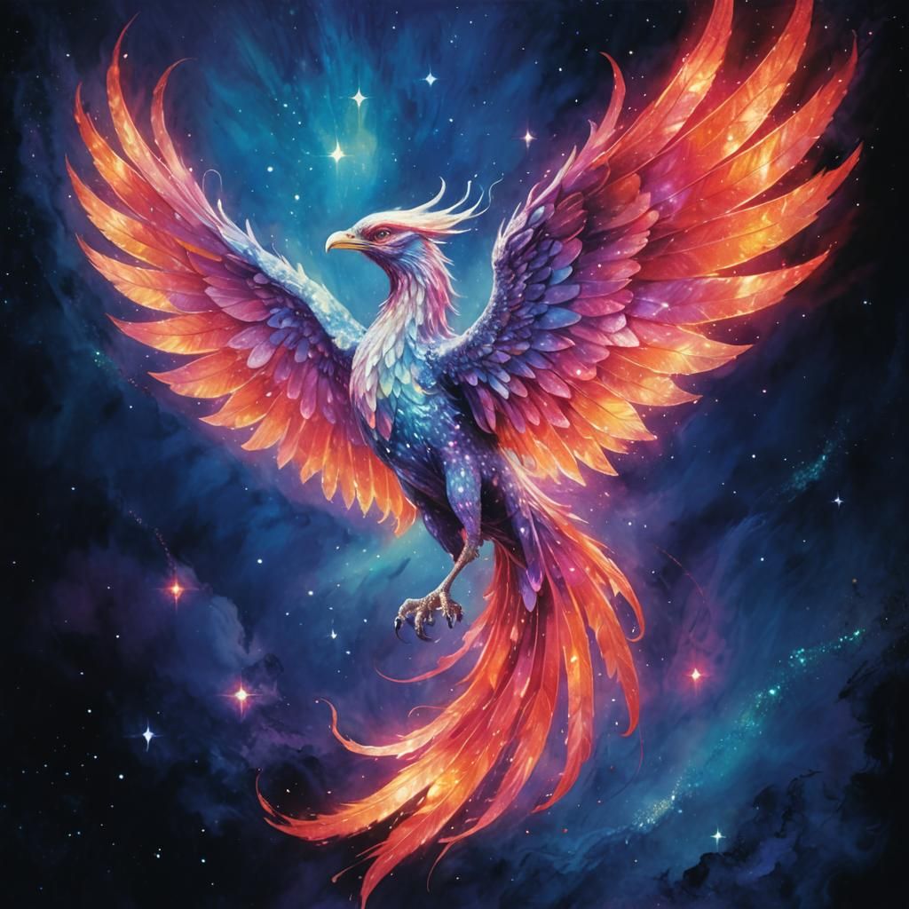 Iridescent Phoenix in Celestial Nebula