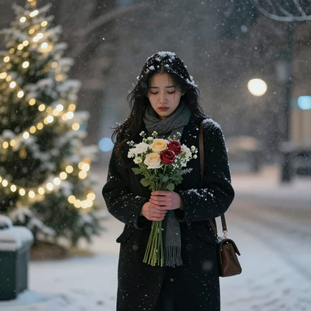 Woman Walks Through Snowy Christmas Night Holding Flowers