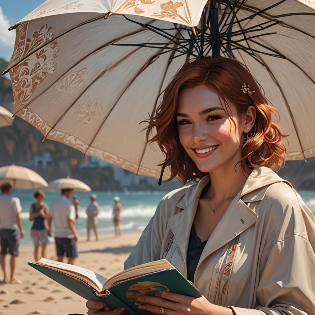 Woman Reading on Beach: Art Nouveau Portrait