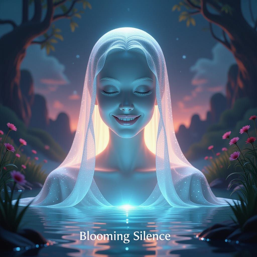 Dream Rot: Serene Face with Hollow Gaze in Surreal Landscape