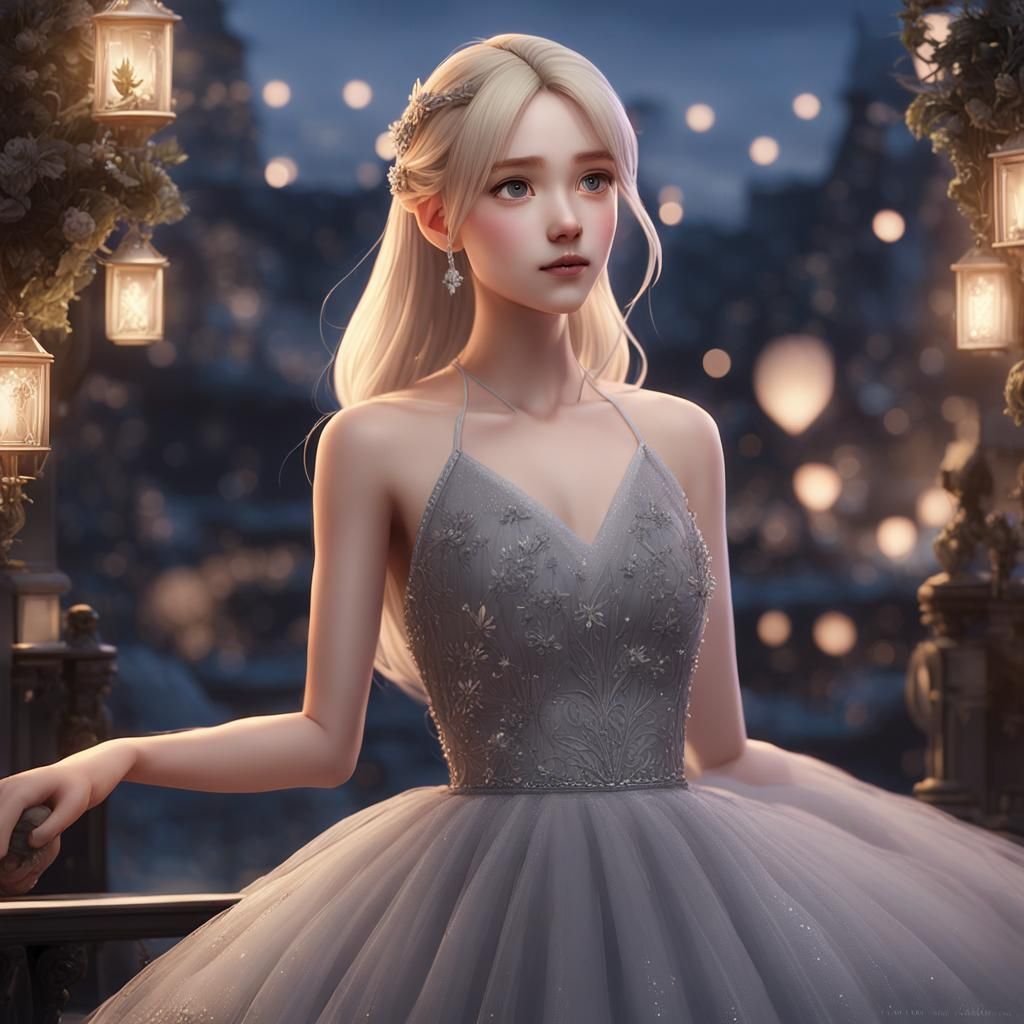 Blonde Girl in Tulle Dress at Dusk: Anime Art