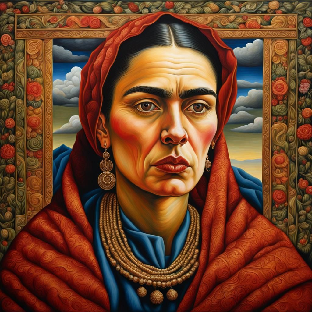 Medieval Woman Portrait in Frida Kahlo Style