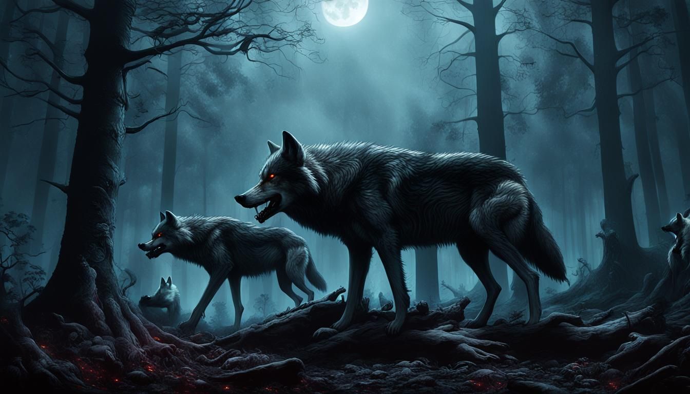 Wolves Feast in Misty Forest: Beksiński-Inspired Horror