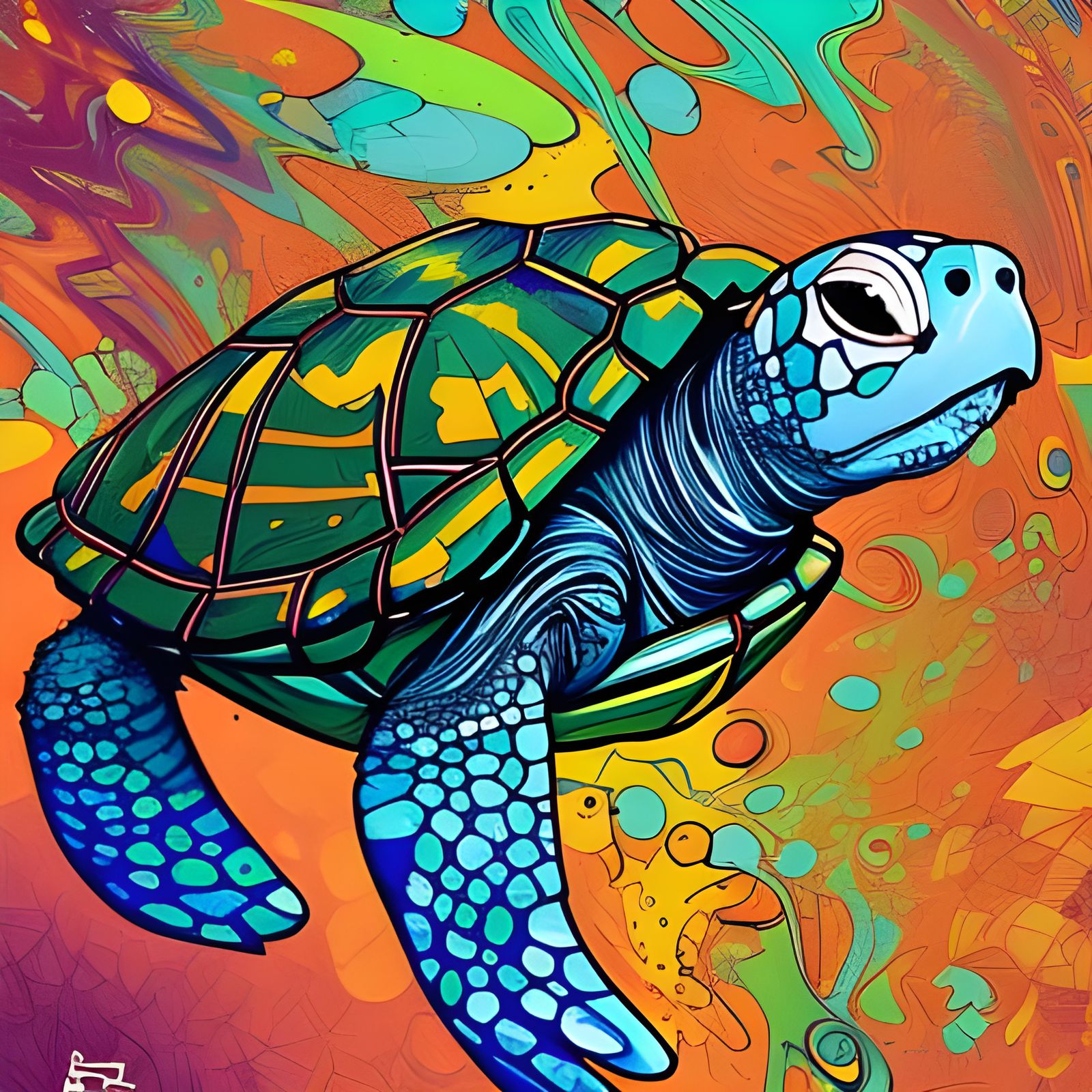 Happy Turtle with Marbling and Oil Splash Effects