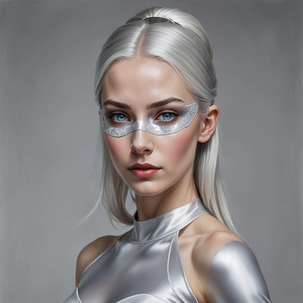 Hyperrealistic Ballerina Superhero Portrait in Silver and Wh...