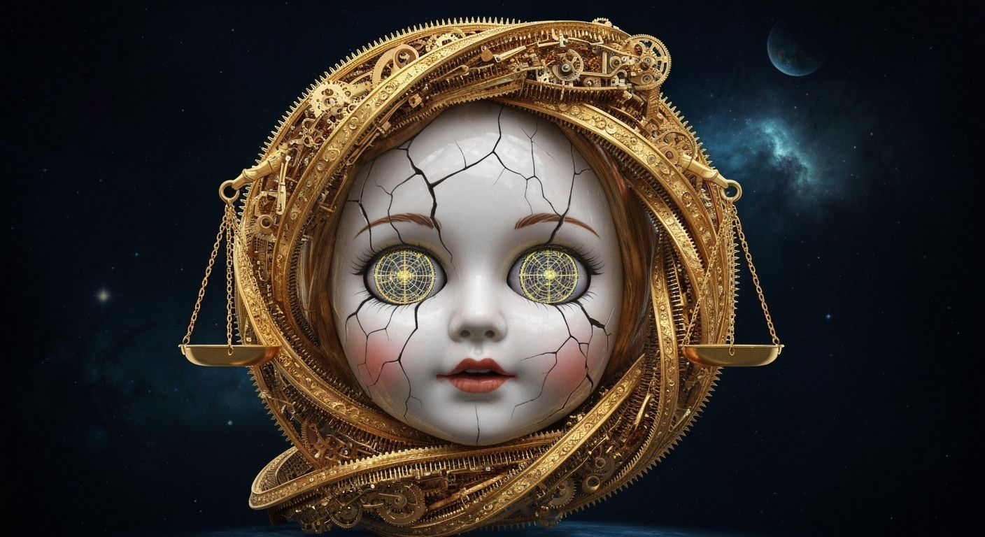 Gilded Ouroboros Coils Around Doll Face With Star Chart Eyes