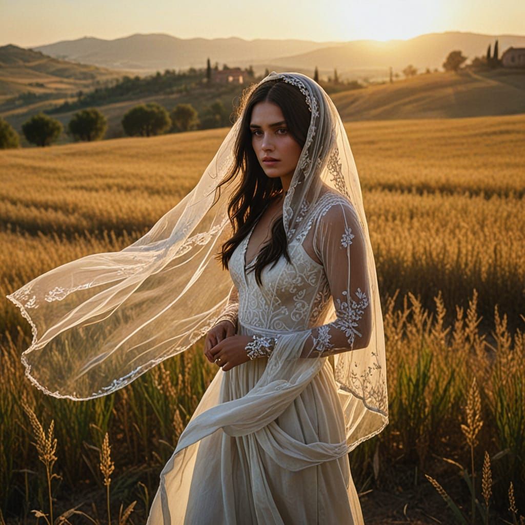 Melancholic Italian Woman in Tuscan Field